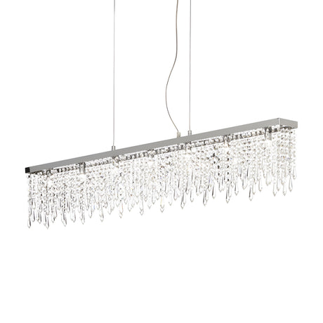 The Iris 7 Light Crystal Suspension - Chrome features a sleek chrome frame with an array of crystal droplets. It is elegantly suspended by two cables, creating a modern design that emanates a sparkling, luxurious ambiance.