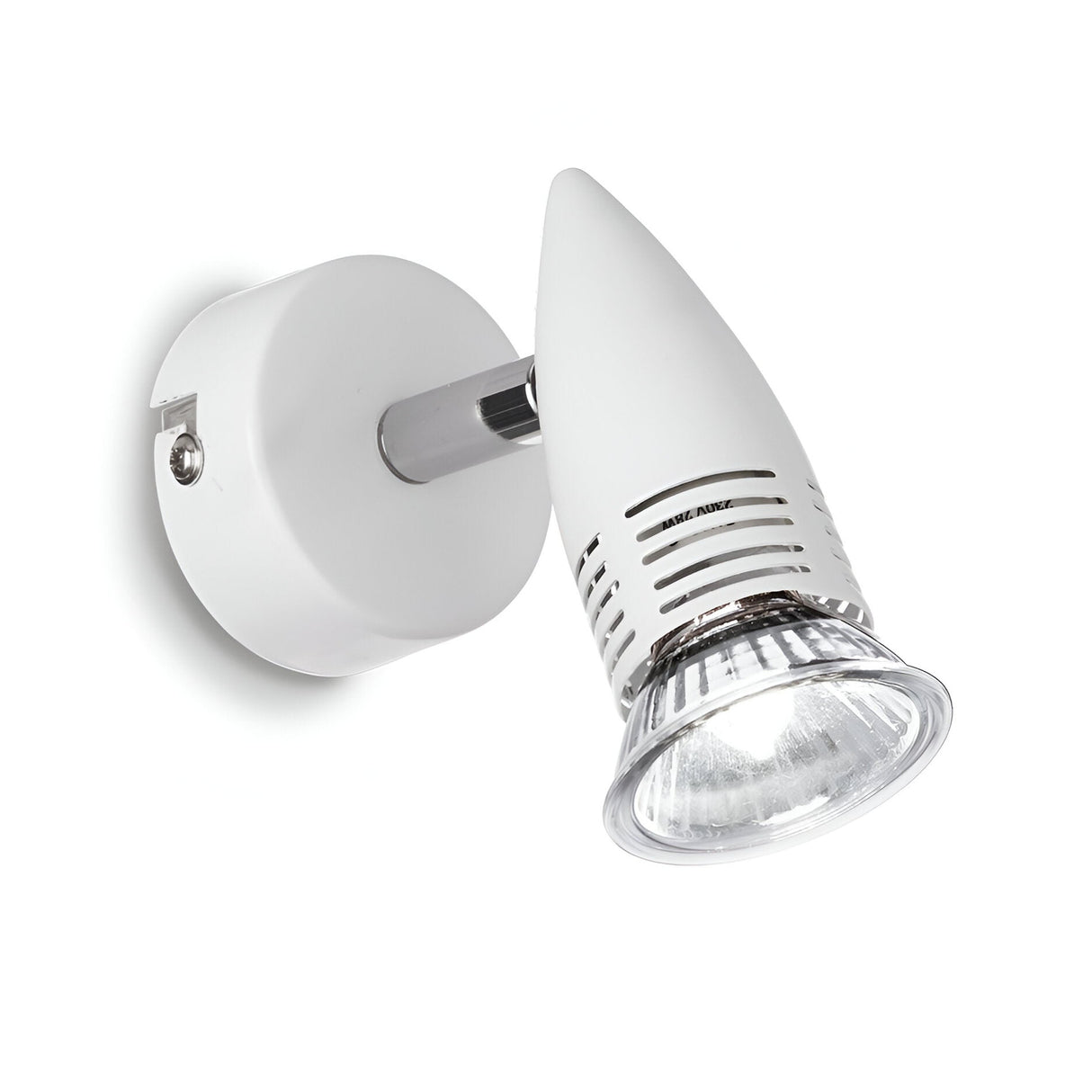 The Omega Single Spotlight - White showcases a satin white finish with a clear lens. Its cylindrical, wall-mounted design includes an adjustable head on a sleek metal arm, connected to a round base, offering precise directional lighting.