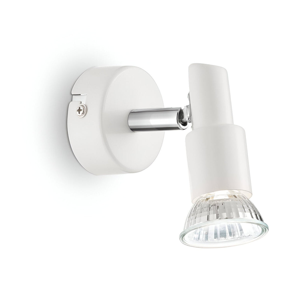 Introducing the Crest Single Spotlight in White, a modern wall-mounted light featuring a chrome finish and adjustable arm paired with a clear GU10 bulb. Its sleek and minimalistic design is ideal for contemporary interiors looking for adaptable lighting solutions.