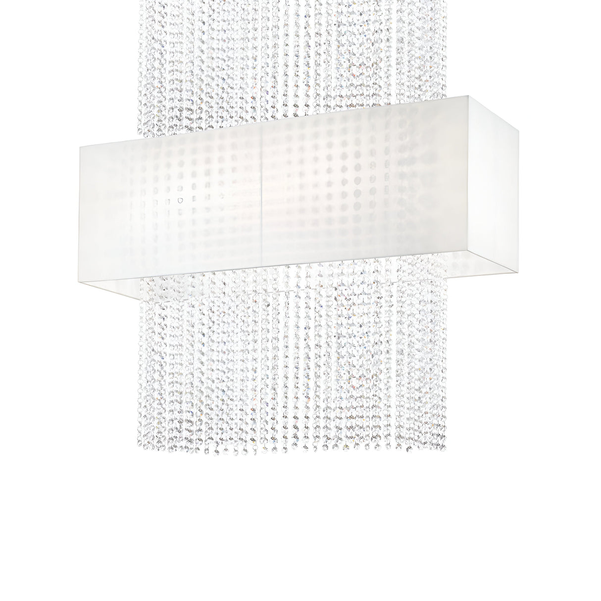 Introducing the Lustrous Crystal 5 Light Ceiling Chandelier in Chrome/White, featuring a rectangular white shade complemented by cascading strands of radiant crystals. This exquisite design perfectly merges elegance with contemporary style, creating a striking modern centerpiece for any room.