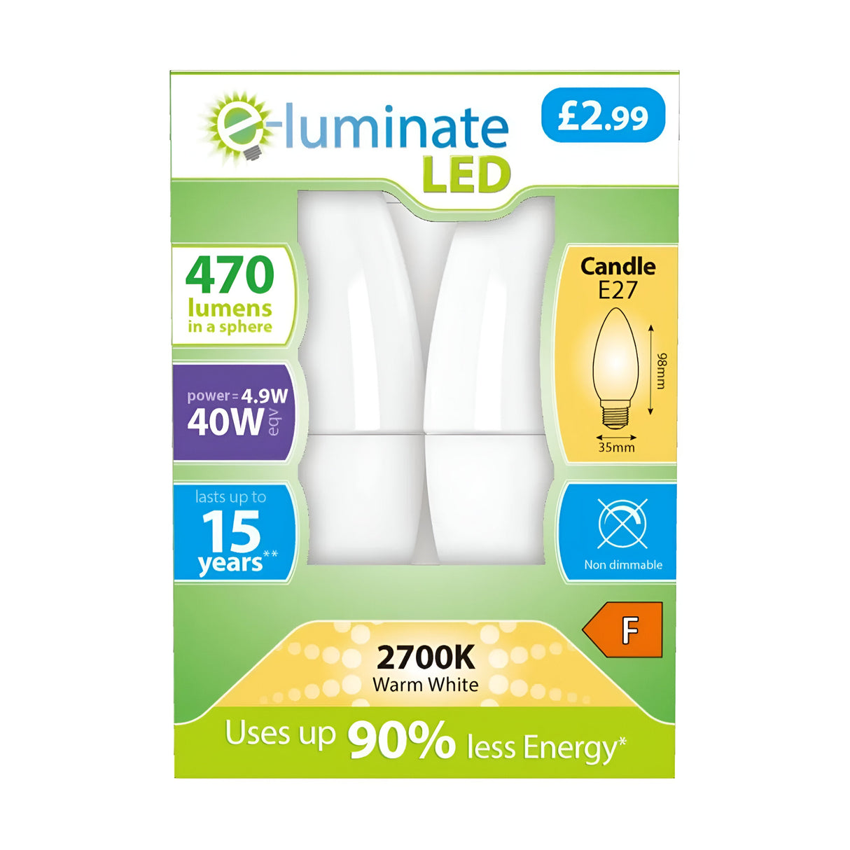 The E-Luminate 4.9W Non-Dimmable LED Candle Bulb packaging showcases a set of two candle-style bulbs emitting a warm white light at 2700K and producing 470 lumens. These energy-efficient bulbs promise to use 90% less energy, last up to 15 years, and are priced at £2.99.