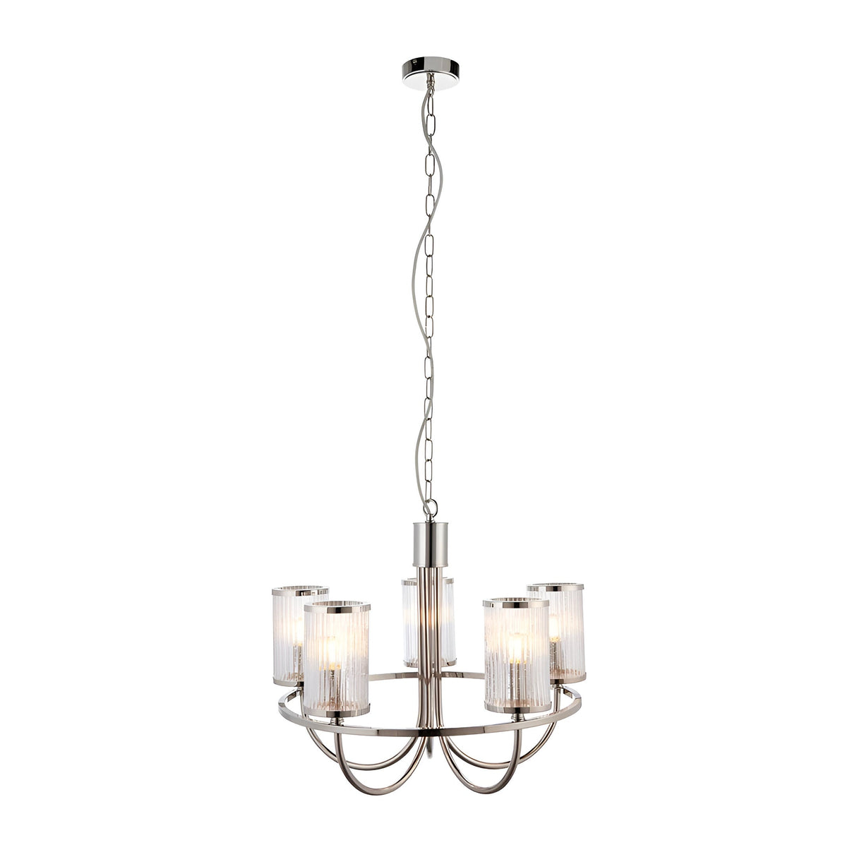 Endon Brenfield 5 light pendant in nickel with curved arms, chain suspension and clear ribbed cylindrical glass shades with bubble detail.