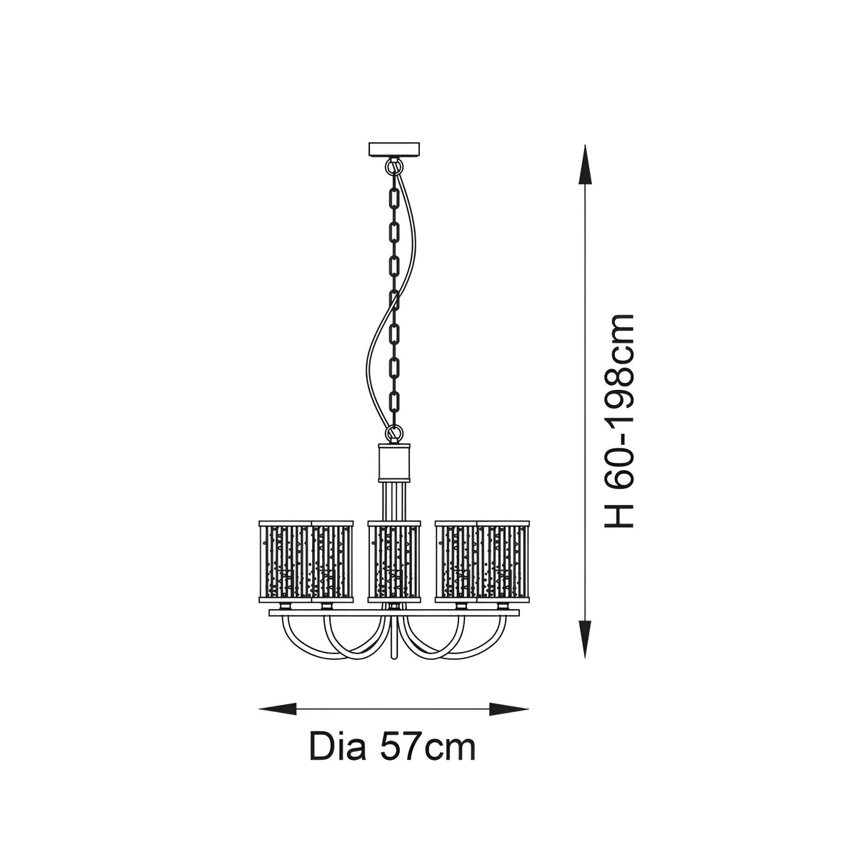 Dimension diagram of Endon Brenfield 5 Light Pendant in nickel, showing 57cm diameter and adjustable height of 60–198cm on a white background.