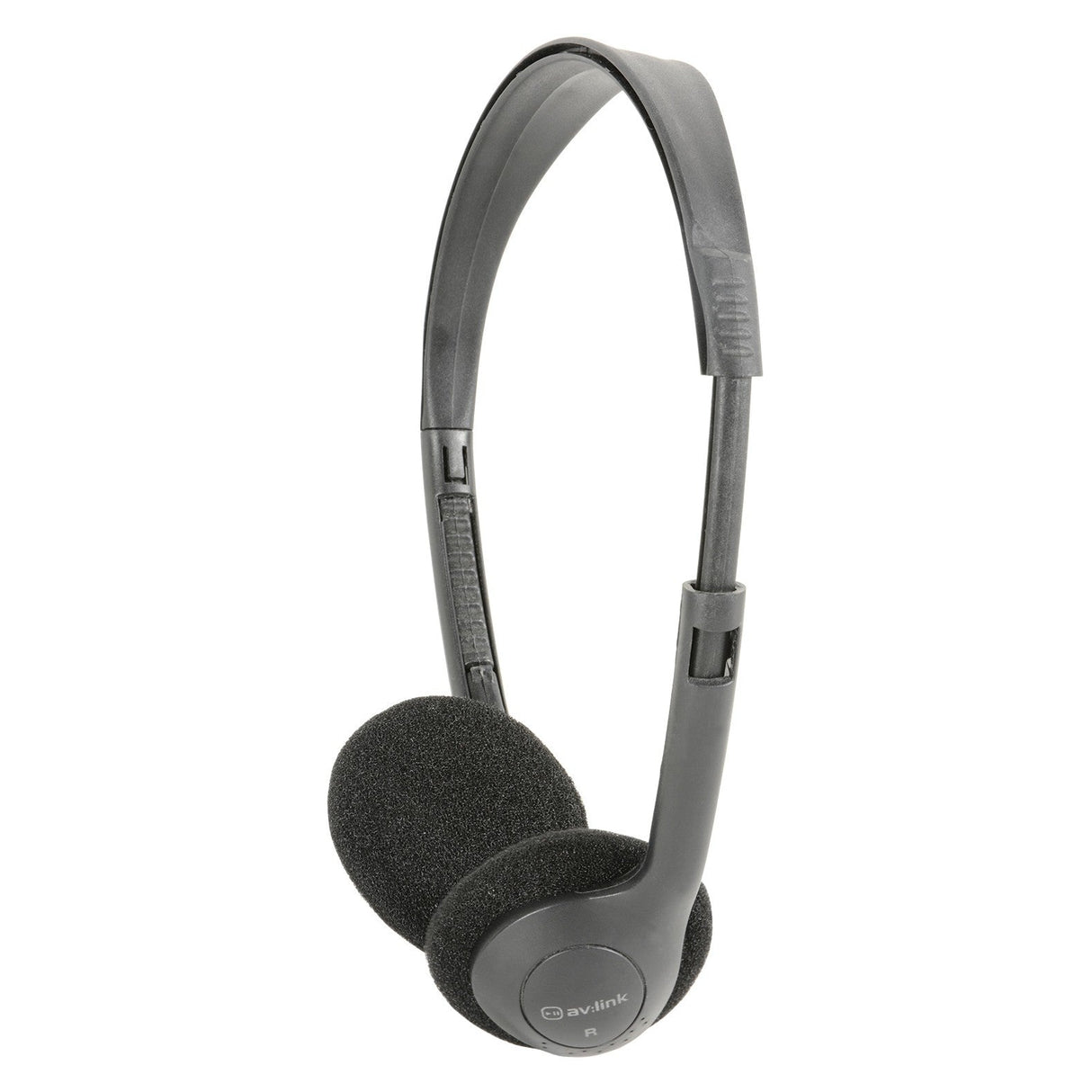 The AV:Link Lightweight Stereo Headphones in black showcase neodymium magnet drivers for outstanding sound quality, with a sleek, adjustable headband and padded ear cups. The brand logo is prominently displayed on the outside of the ear cups, and they are designed for easy connectivity via a 3.5mm jack plug.