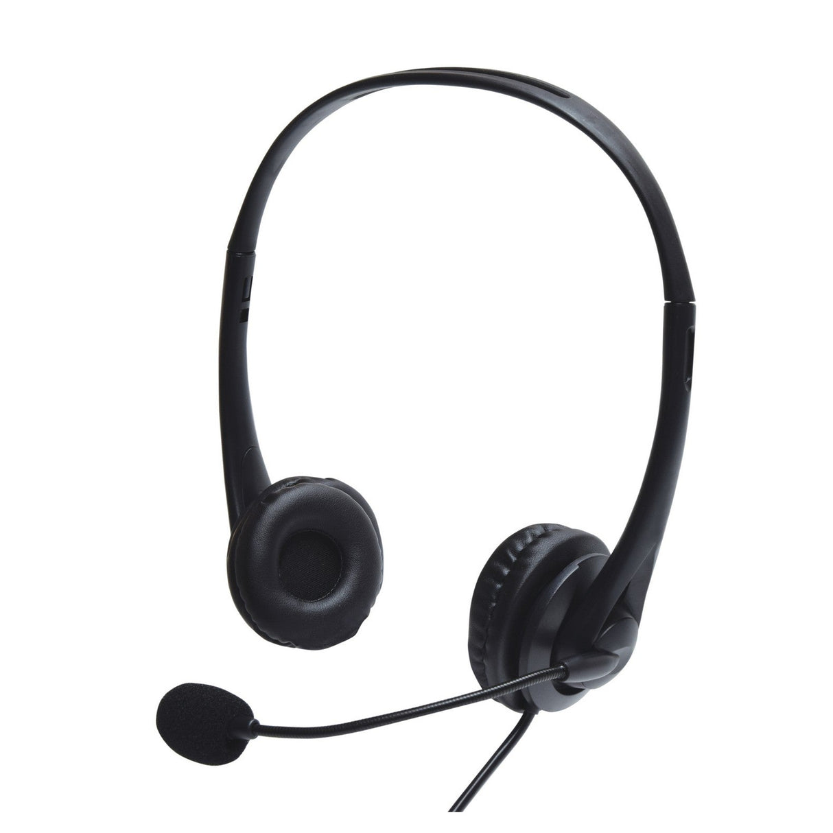The AV:Link Multimedia Headset With Microphone - Black is displayed against a white background. This elegant over-ear headset features an omnidirectional boom microphone, designed for effortless integration with computers or communication devices, offering a plug-and-play setup for instant connectivity and crystal-clear conversations.