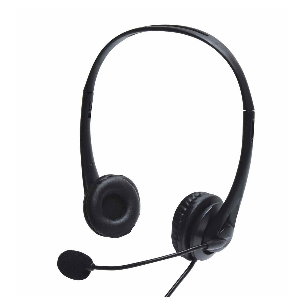 The AV:Link USB Multimedia Headset With Microphone in black showcases a plug-and-play design with an adjustable, omnidirectional microphone and padded ear cups, set against a white background.