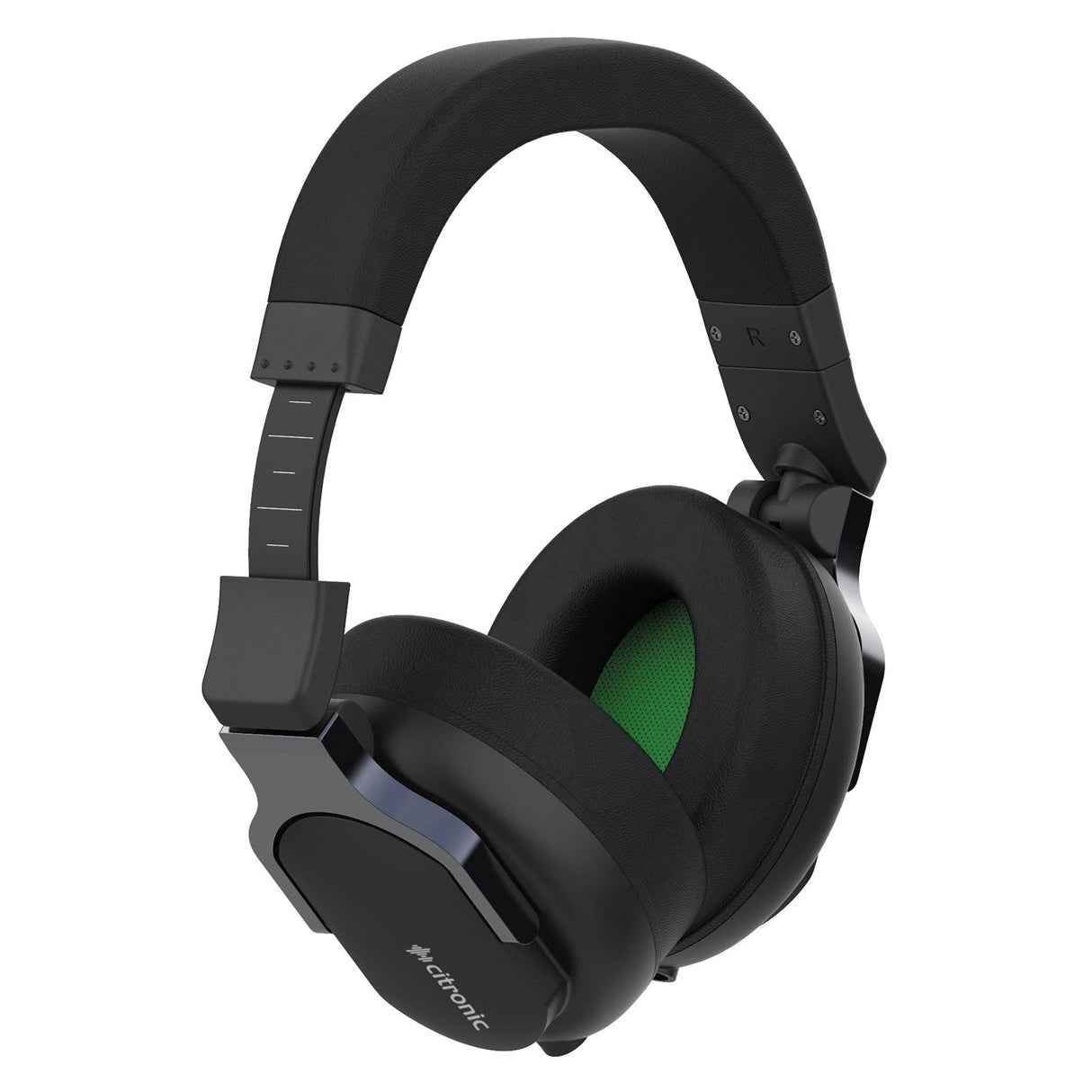 The Citronic Professional Studio Monitor Headphones - Black come with dynamic speaker drivers and feature a cushioned headband paired with thick ear pads. They sport green accents inside the ear cups and are designed with adjustable arms to complement their sleek, modern aesthetic.
