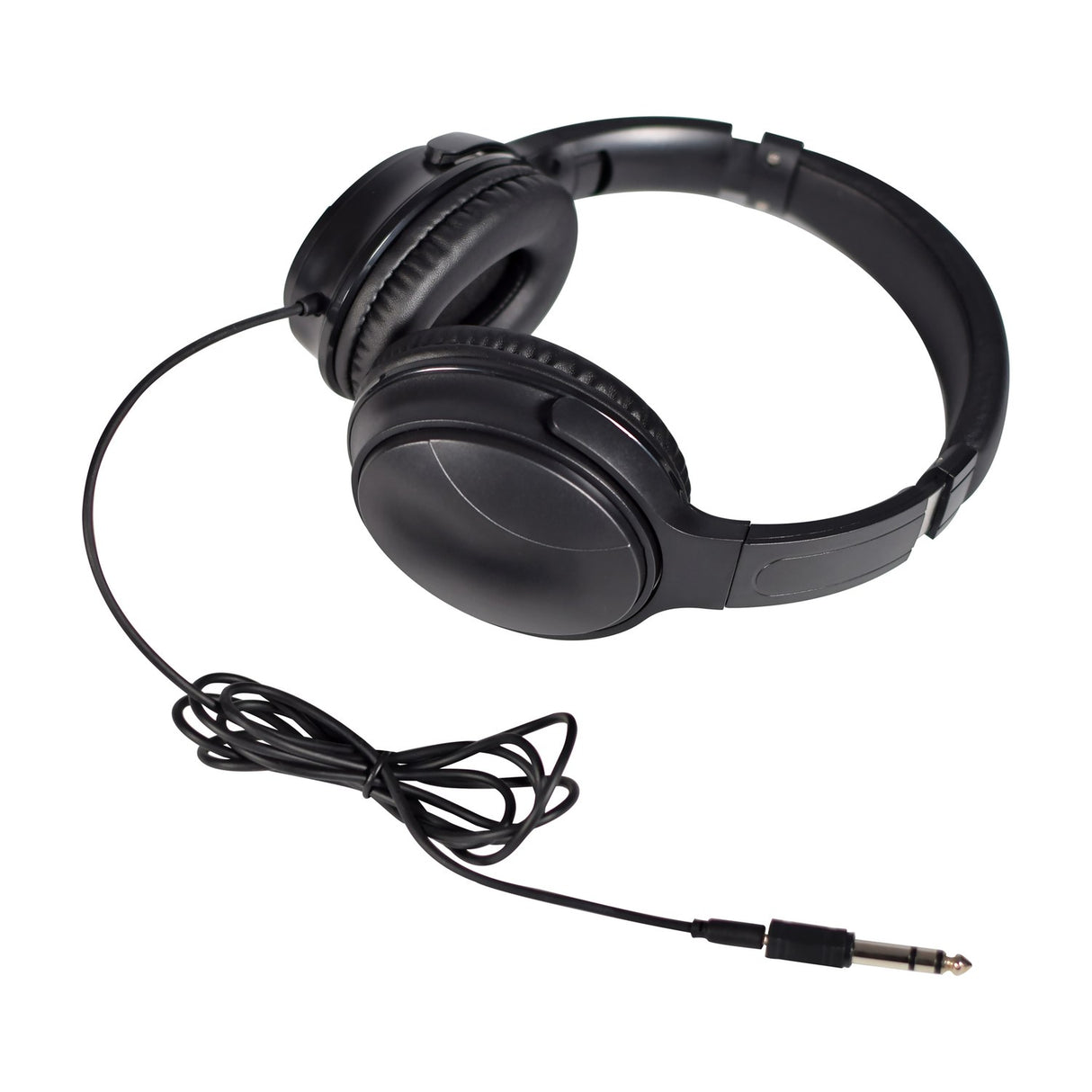 AV:Link QDJH-40 wired DJ headphones in matte black with swivel earcups, padded headband, coiled 3.5mm lead and 6.35mm jack adapter on white.