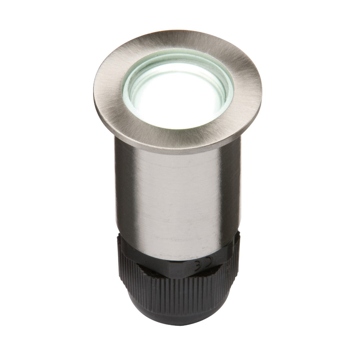 Close-up of the Outdoor 24V Small White LED Walk Over Ground Light, featuring an IP67 rating, a stainless steel finish, and a ribbed black base. This cylindrical LED recessed floor fixture is crafted for outdoor use, providing a modern and sleek appearance.