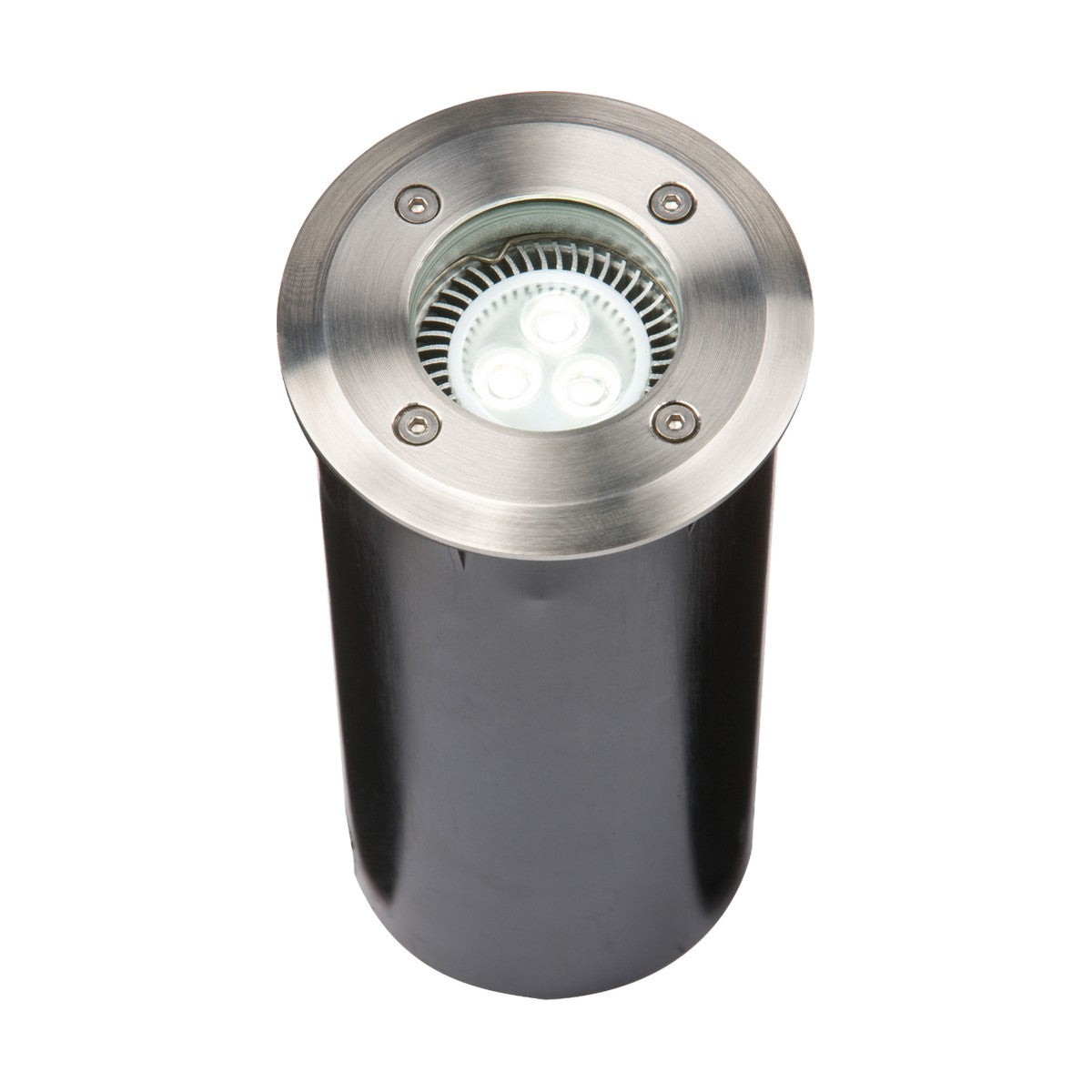 Introducing the Outdoor Drive Over Ground Light - Long Body: a robust cylindrical recessed LED walkover light, featuring a stainless steel rim and three visible bulb lights compatible with GU10/MR16 fittings. With its IP67 rating, this fixture is perfect for outdoor use, illuminating pathways or gardens.