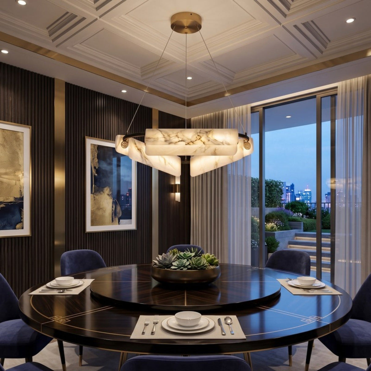 Anellara LED Radial Alabaster Chandelier 60cm in black and white, radial alabaster blocks on a black ring with brass details, shown above a round dining table.