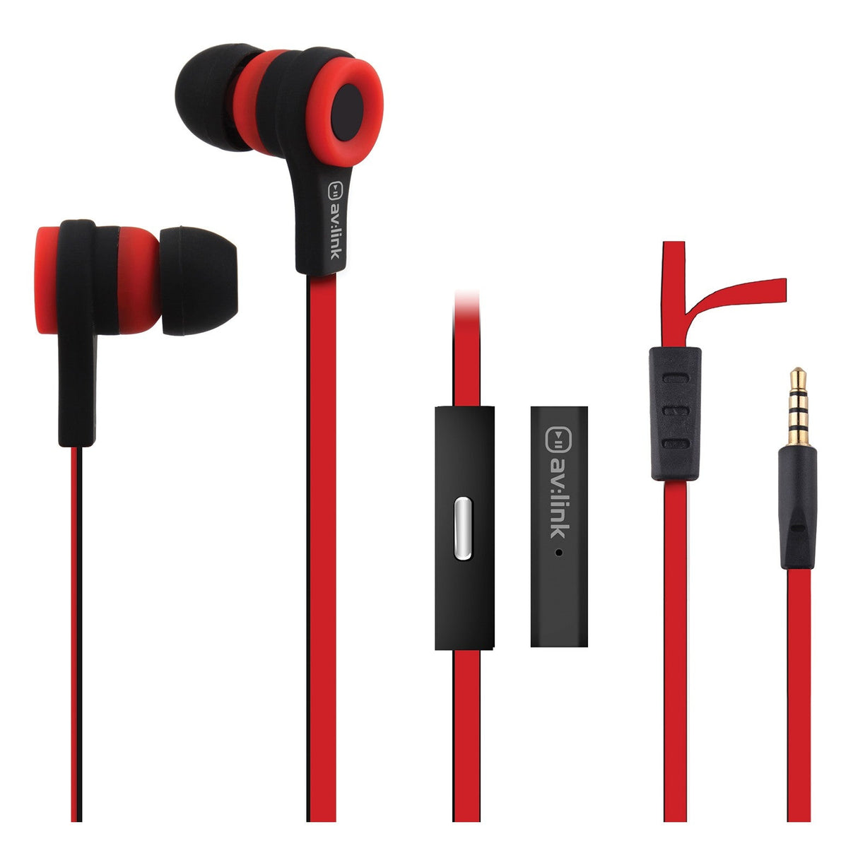 The AV:Link Rubber Earphones With Mic in red and black feature in-ear design with a tangle-resistant flat cable, a hands-free microphone, and a control button. They are equipped with a standard 3.5mm audio jack.