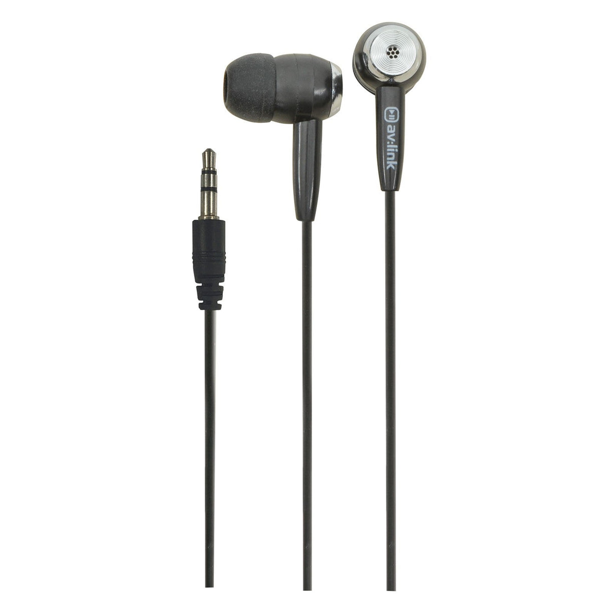 Introducing the AV:Link In Ear Stereo Earphones EC9B in black, equipped with a 3.5mm audio jack and super bass drivers. These earbuds feature a sleek metallic finish, while the smooth, tangle-free cable provides premium sound quality for the discerning listener.