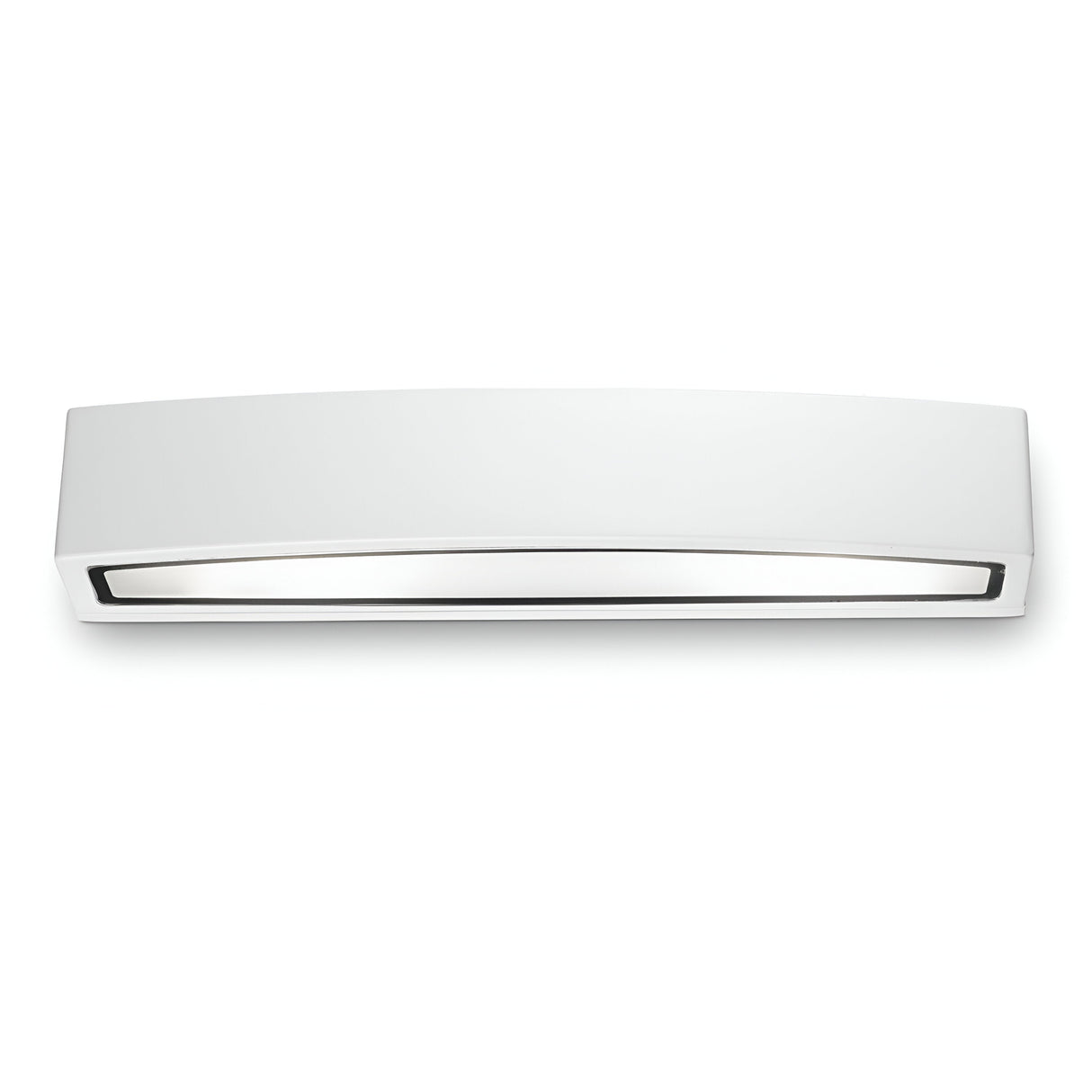 The Lunar 2 Light Outdoor Wall Light in white features a sleek, modern curved rectangular design crafted from die-cast aluminum. Its double diffuser system emits a soft, diffused light, providing a minimalist and elegant look for any outdoor space.