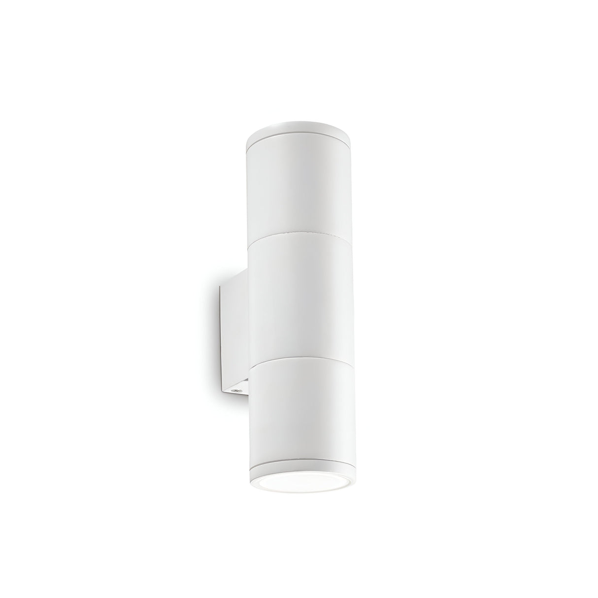 The Solar 2 Light Outdoor Small Wall Light - White, designed with a modern cylindrical shape and minimalist aesthetic, is mounted on a plain white background. Its sleek profile allows light to emit from both the top and bottom, complemented by a Pyrex glass diffuser.
