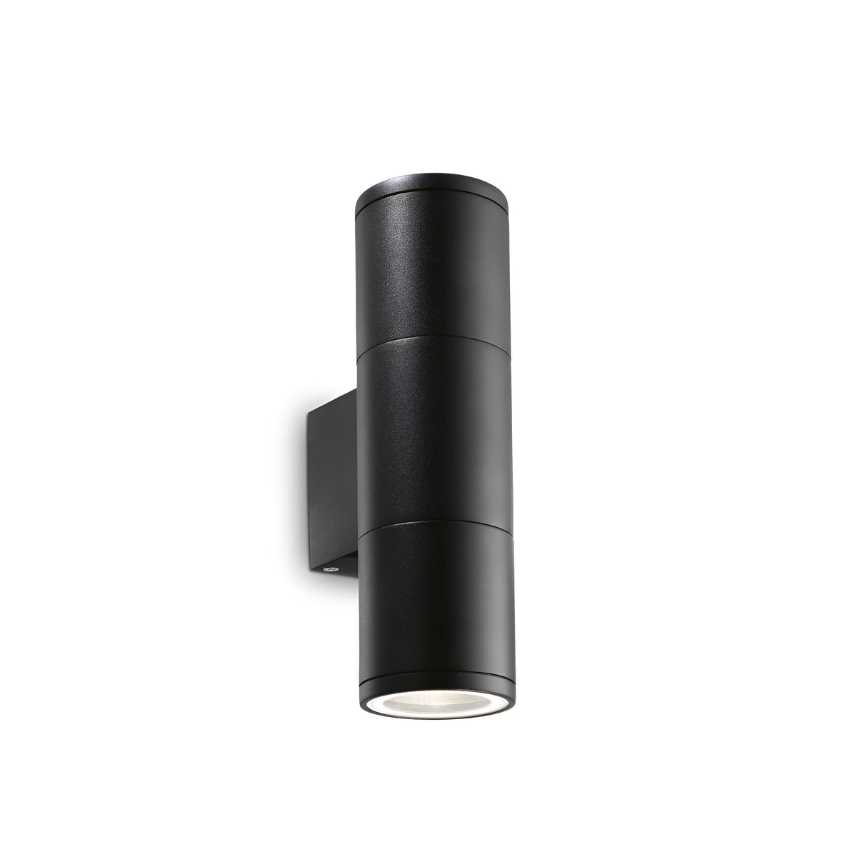 Introducing the Solar 2 Light Outdoor Small Wall Light in black, featuring a sleek cylindrical shape with a minimalist aesthetic. This fixture boasts an IP44 rating and thoughtfully directs light both upwards and downwards, making it ideal for modern interior or exterior spaces.
