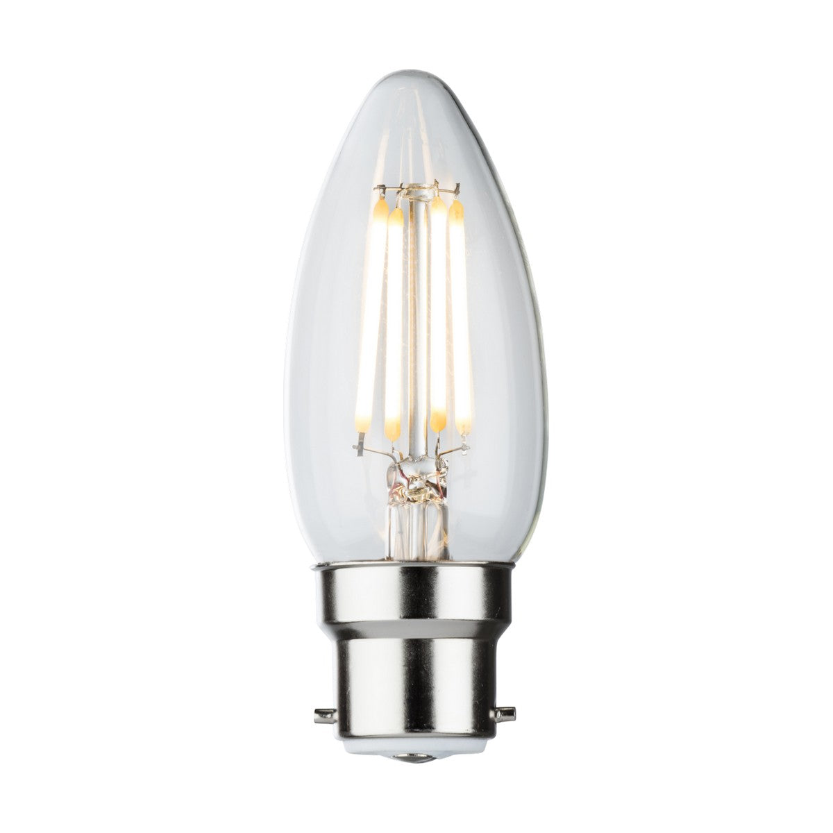 A detailed view of the 4W Dimmable LED Candle Filament Bulb, designed in a clear glass enclosure with a B22 metallic base. This bulb emits a warm white light at 2700K and features visible filaments that enhance its resemblance to traditional incandescent bulbs.