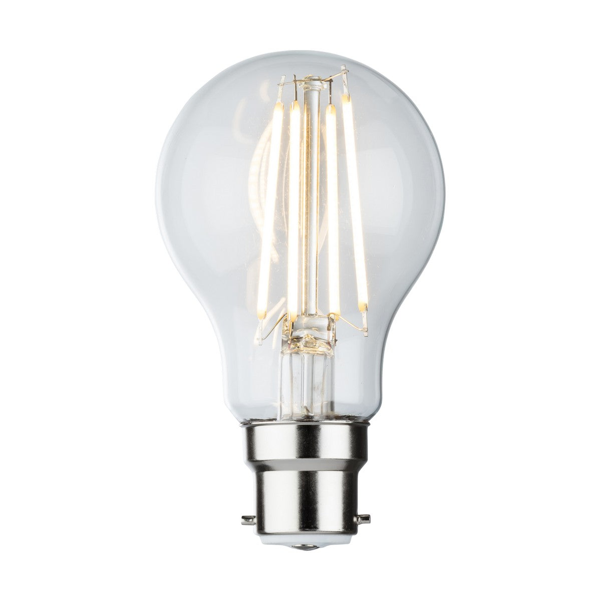 Introducing the 8W Dimmable LED GLS Filament Bulb - Clear, B22, 2700K: Styled akin to a traditional incandescent bulb with its visible filaments, this bulb emits a warm white glow. Featuring a metal base for easy attachment and dimmability for adaptable lighting needs, it combines classic elegance with modern energy efficiency against a plain white background.