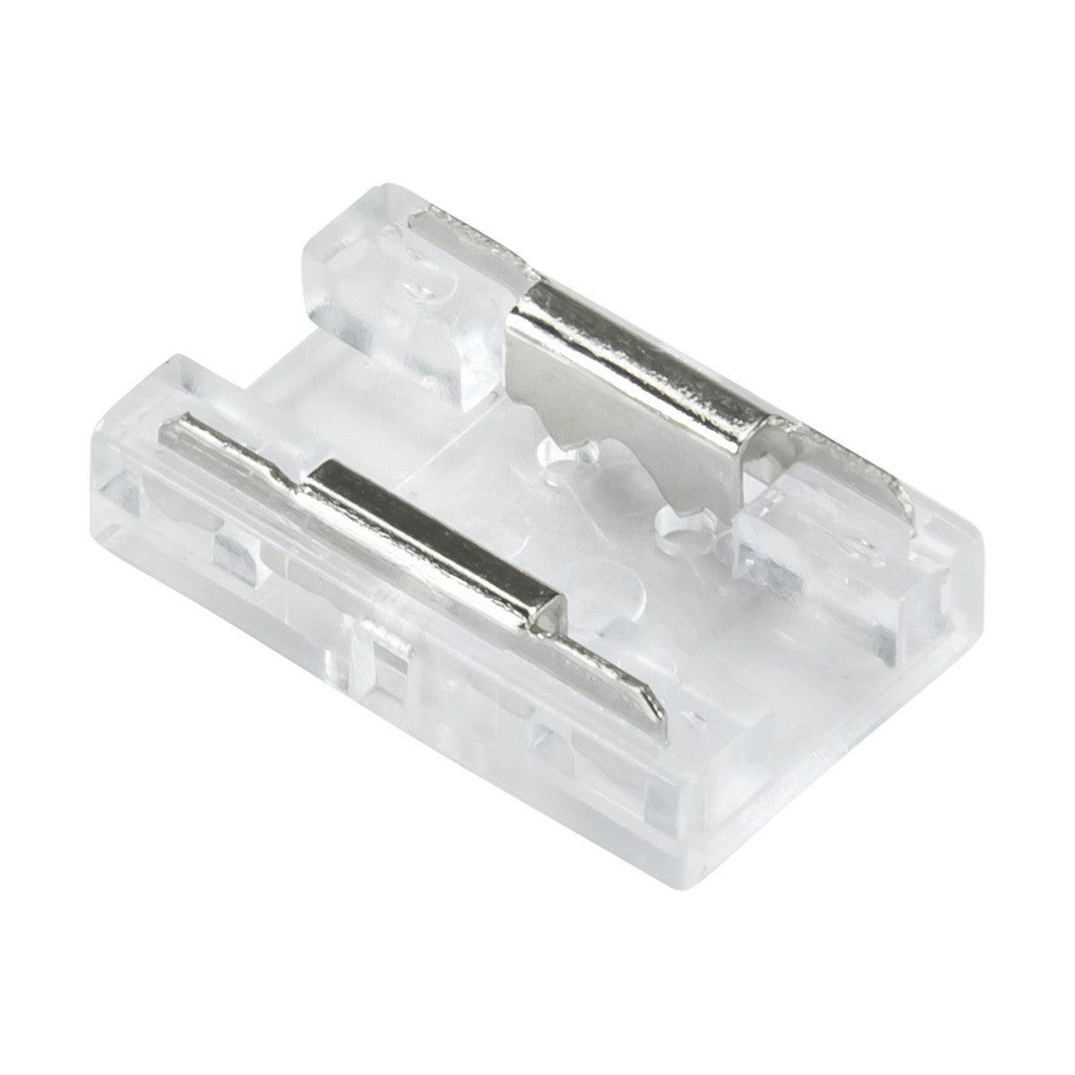 Close-up of the 12V/24V LED COB Flex Strip To Strip Connector - Single Colour, which features a transparent plastic and metal body with two visible metallic contacts. It is designed to protect electronic circuits by breaking the connection if the current exceeds safe levels.