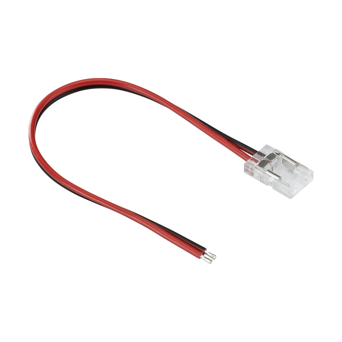 Close-up of a red and black electrical wire featuring a transparent 12V/24V LED COB Flex Power Cable Connector - Single Colour at one end. This connector, designed for solderless connection, contains metal clips inside, while the opposite end of the wire is exposed, showing a pair of stripped wires.