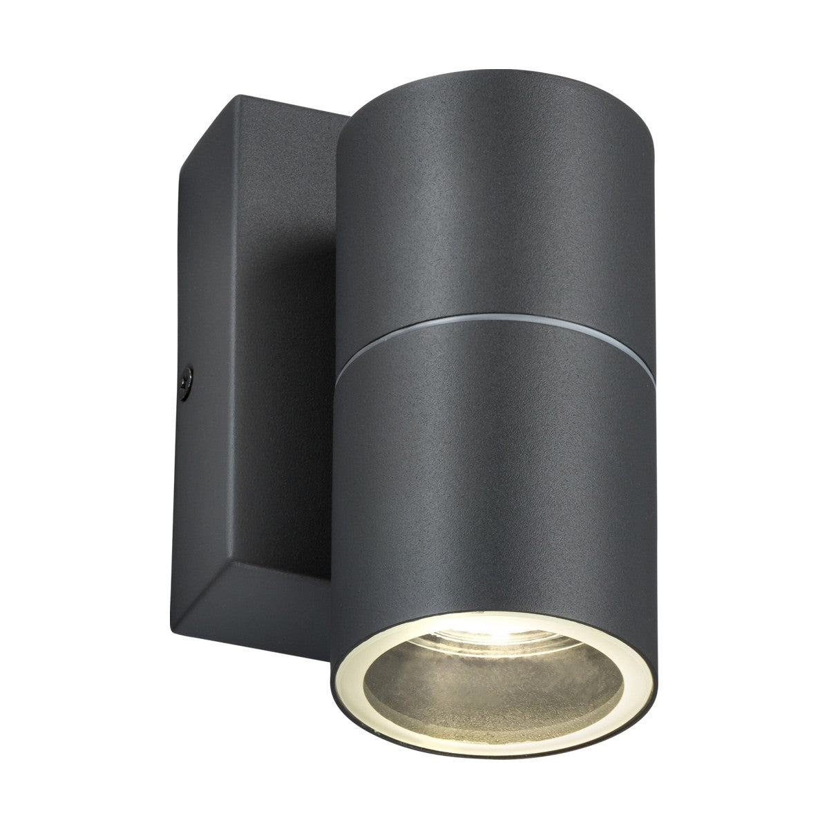 The Outdoor Single Wall Light With Photocell Sensor - Anthracite is a contemporary black wall sconce featuring a cylindrical design mounted on a rectangular backplate. Intended for outdoor lighting, it directs light downward, casting illumination from the bottom.