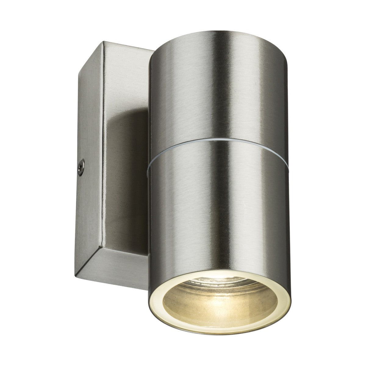 The Outdoor Single Wall Light With Photocell Sensor boasts a contemporary cylindrical design and is crafted from stainless steel, featuring a brushed chrome finish and a rectangular base for expertly projecting light downward.