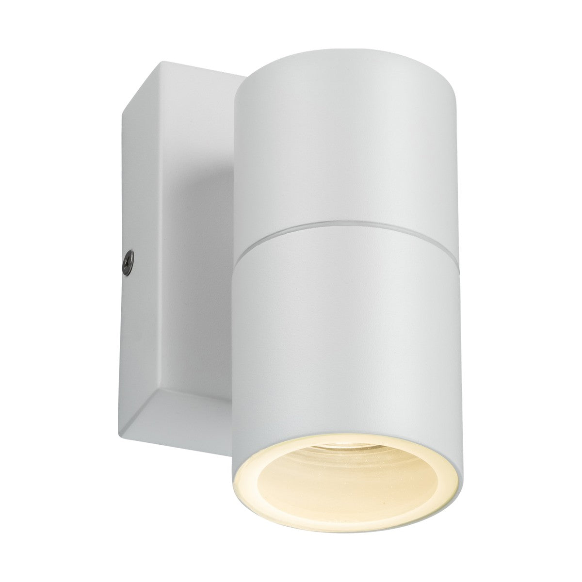 Introducing the "Outdoor Single Wall Light With Photocell Sensor - White": a contemporary cylindrical light fixture designed for wall mounting. It showcases a chic white finish with a slightly protruding light source attached to a rectangular base, compatible with a GU10 lamp. Suitable for both indoor and outdoor settings, it projects a warm glow downwards.