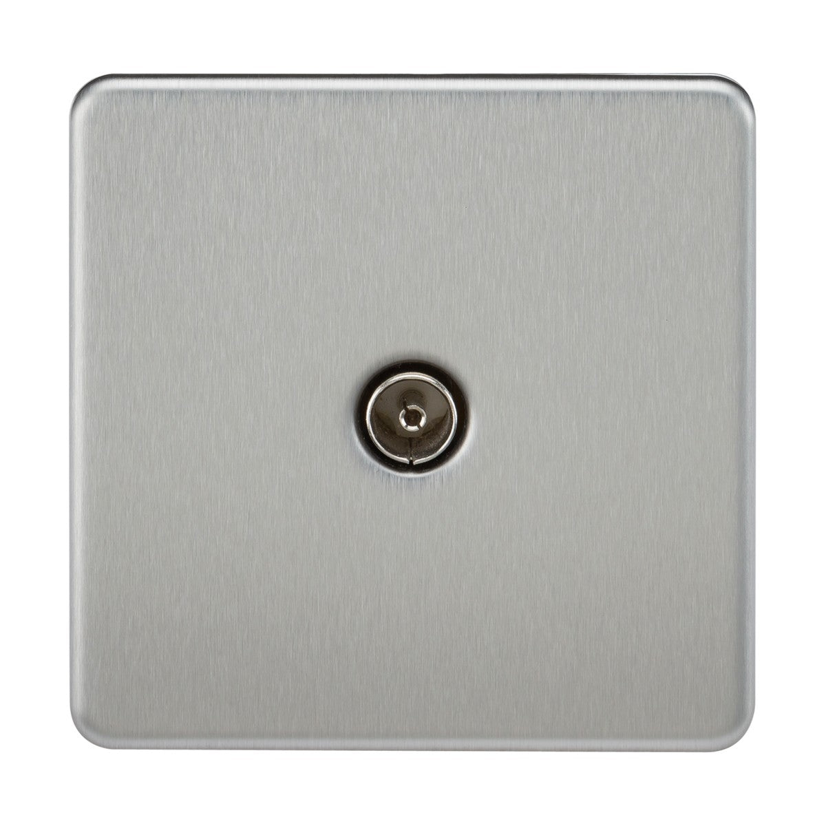 Here's a rewritten version incorporating the given product data:
A close-up of the TV Outlet (Non-Isolated) in a brushed chrome finish, featuring a sleek and secure design. The screwless appearance enhances its modern and minimalist aesthetic, while its subtle texture imparts an elegant touch.