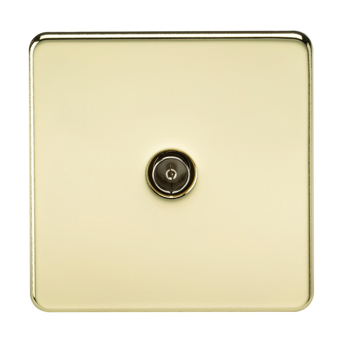 A square, metallic TV outlet panel featuring a single black circular switch in the center. Crafted with a polished brass finish, this screwless design offers a smooth, shiny surface for a sleek and modern look.