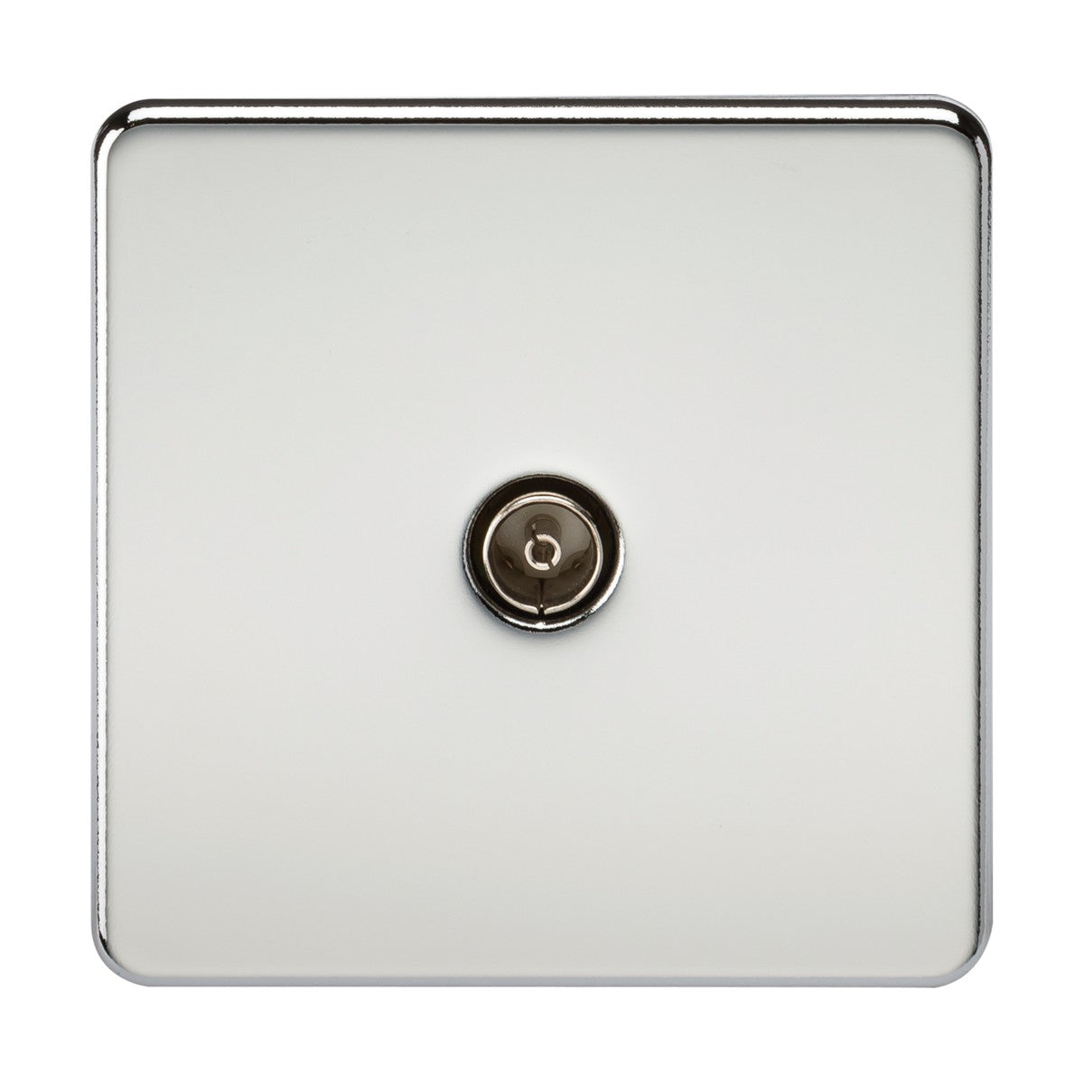 The non-isolated TV outlet boasts a polished chrome finish and screwless design, featuring a central socket. Its sleek, reflective surface provides a simple, modern aesthetic.