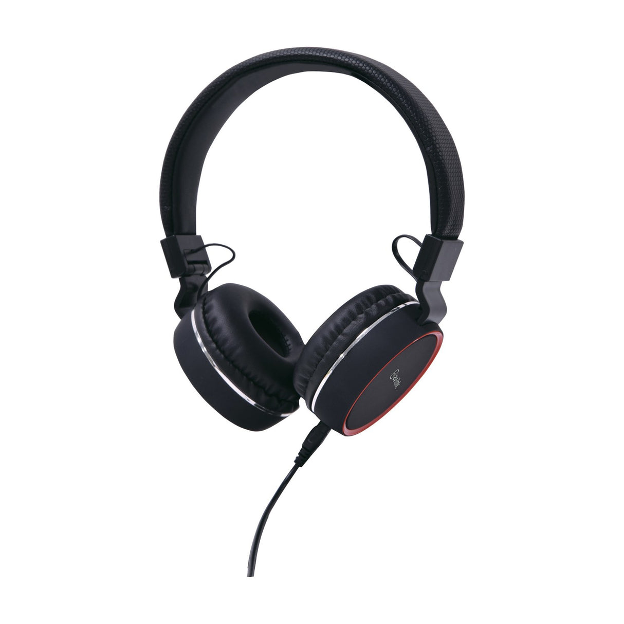 AV:Link PH10-BLK multimedia headphones in matt black with red trim, cushioned earcups, adjustable headband and attached 3.5mm cable on a white background.