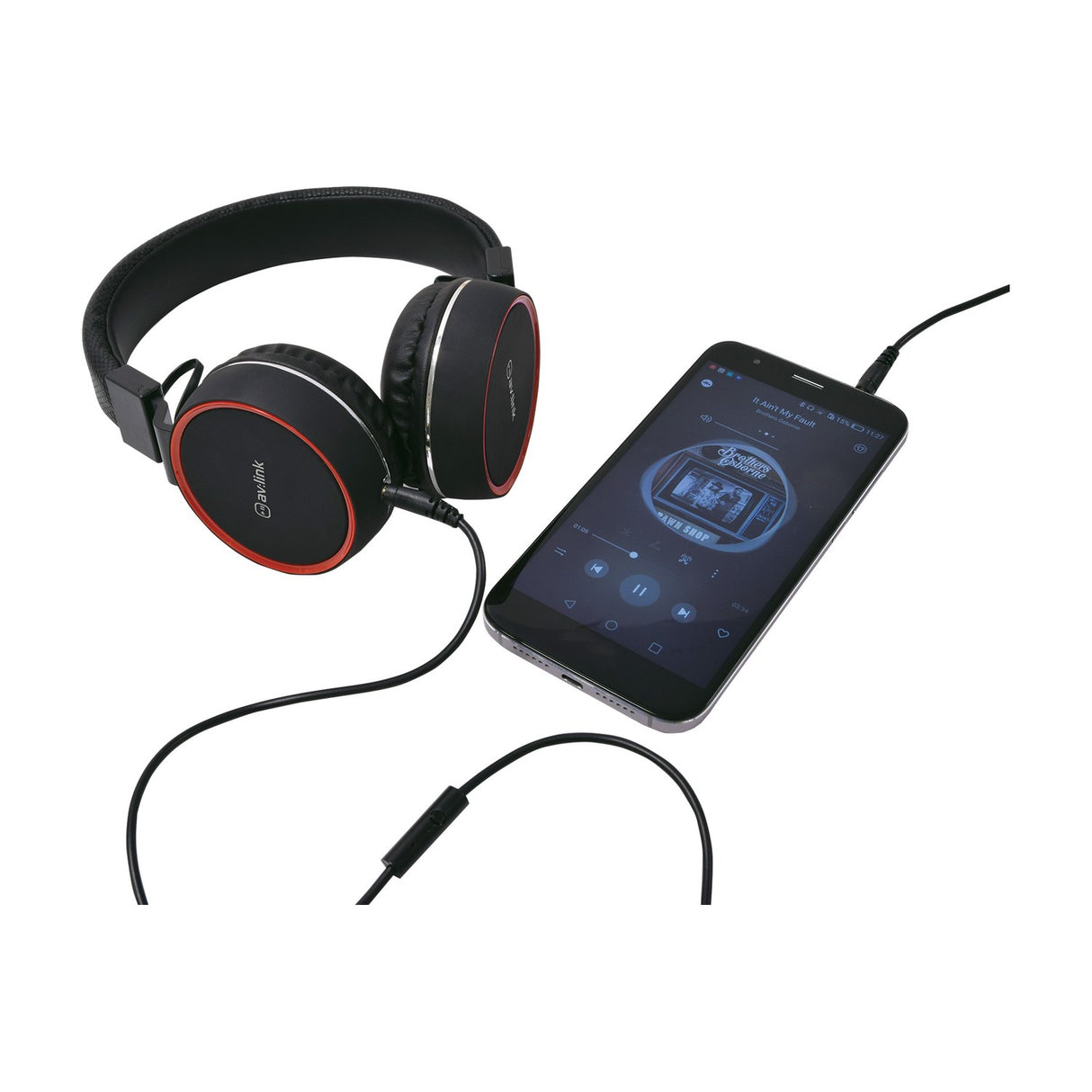 AV:Link PH10-BLK matt black headphones with red trim and inline mic, connected via 3.5mm cable to a smartphone playing music on a white background.