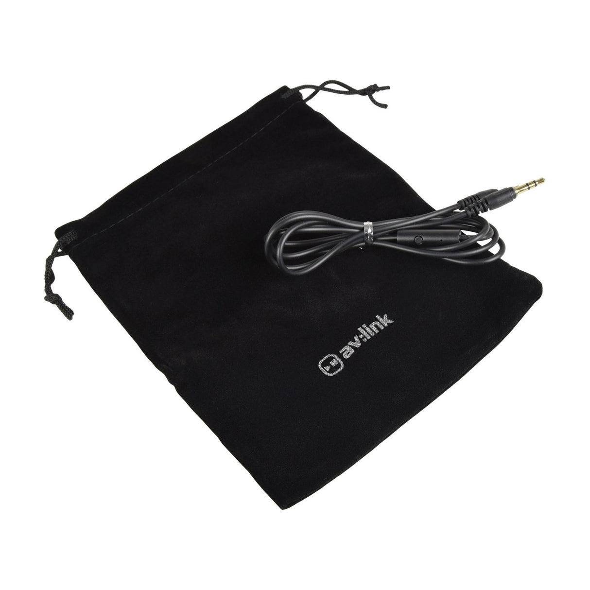 AV:Link PH10-BLK black drawstring carry pouch with removable 3.5mm audio cable and inline microphone on a plain white background.