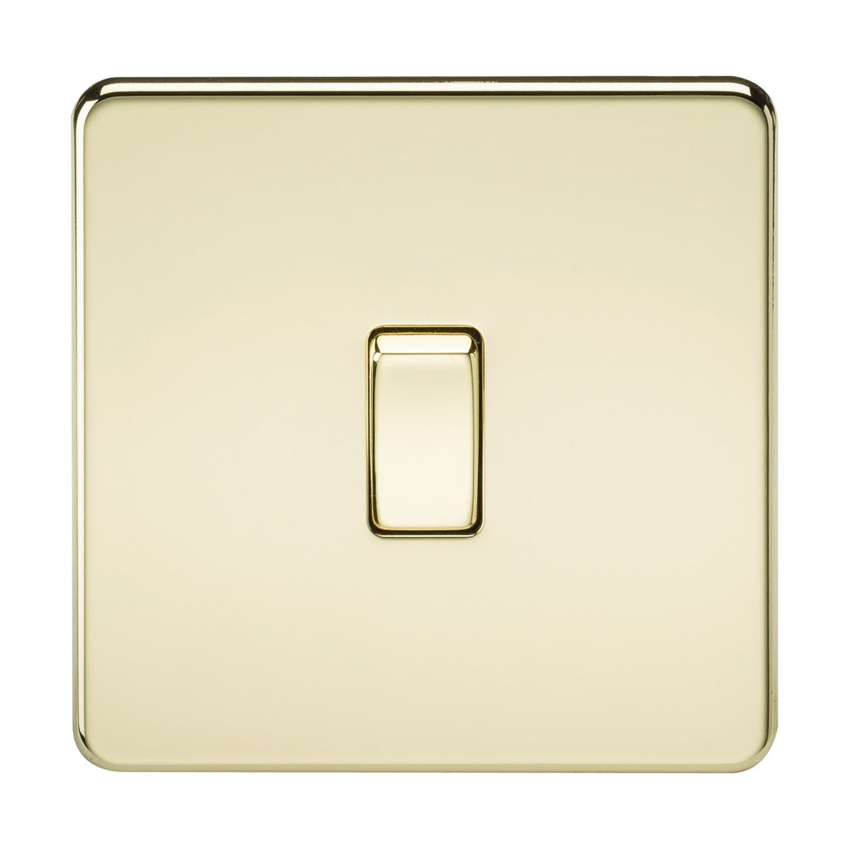 A single polished brass square light switch with a glossy, screwless low profile design, centered on a plain background.