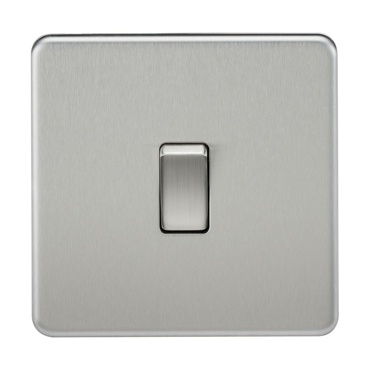A 10AX 1 Gang 2-Way Switch in brushed chrome, designed with a screwless low profile, is positioned centered on a plain background and is in the off position.