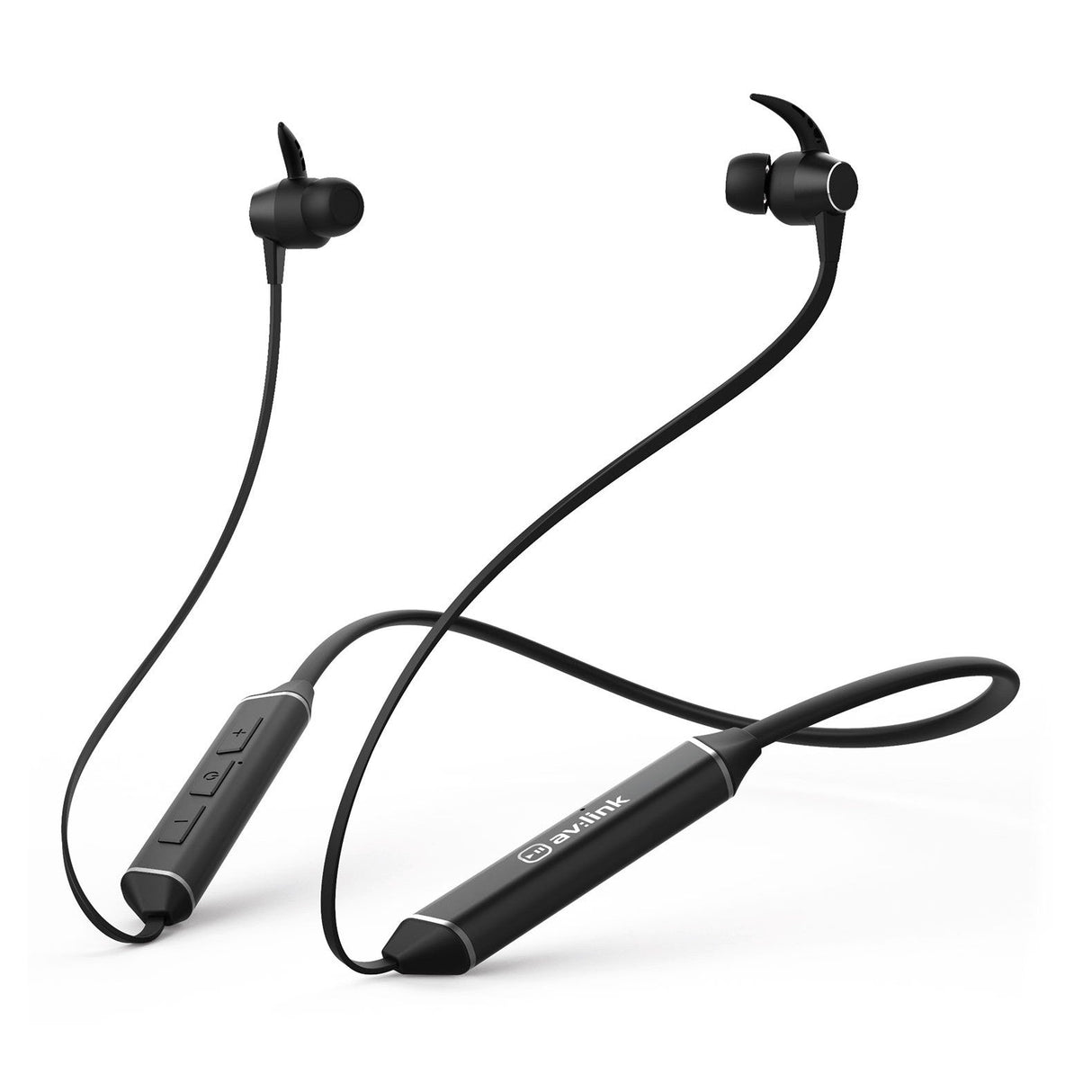Introducing the AV:Link Neckband Bluetooth Earphones With Vibration in Black: These wireless earphones boast a neckband design and splashproof features. They come equipped with inline controls, earbuds connected by a flexible cable, and a fast charge function for seamless listening on the move.