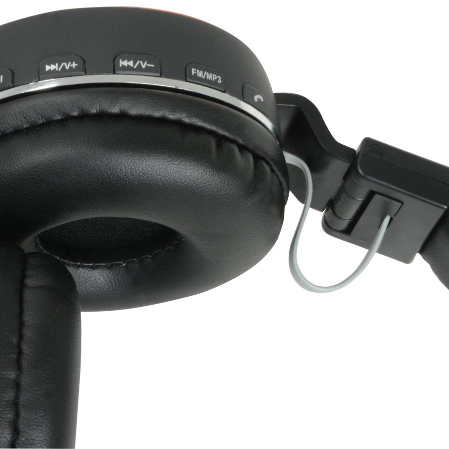 Close-up of the AV:Link PBH10-BLK folding Bluetooth headphones by AVSL, showing matt black earcup with padded cushion, hinge and MP3/FM control buttons.