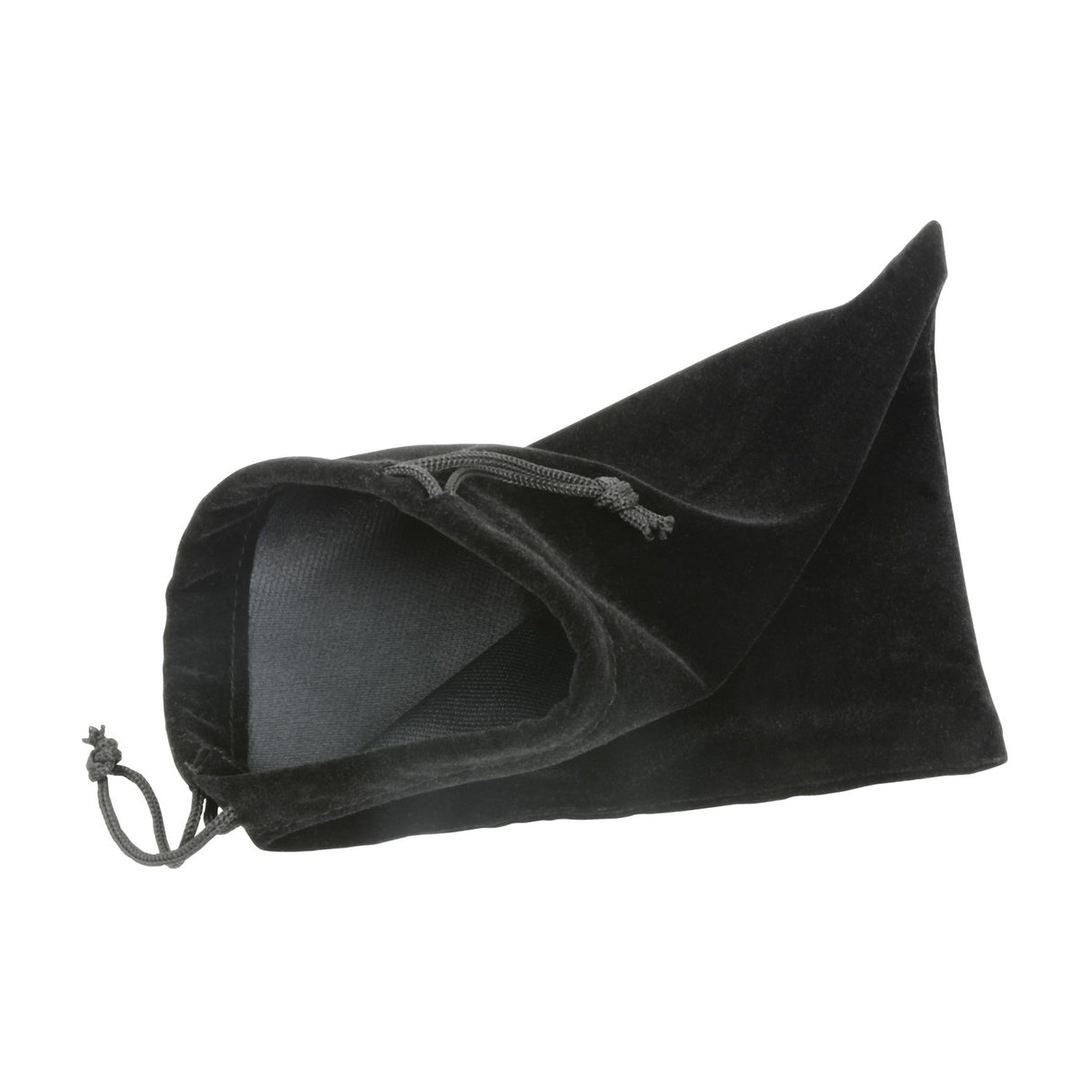 Black velvet drawstring carry pouch supplied with the AV:Link PBH10-BLK wireless Bluetooth folding headphones, shown open on a plain white background.