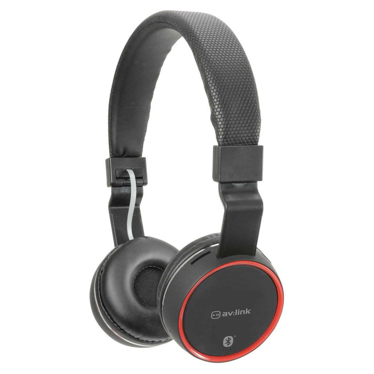 The AV:Link Wireless Bluetooth Headphones in black offer noise-canceling technology and feature a padded band, cushioned ear cups, and Bluetooth connectivity.