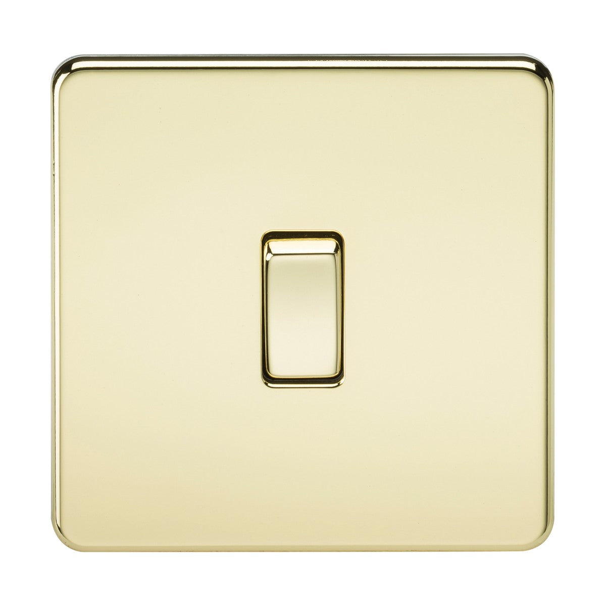 A close-up image features the 10AX 1 Gang 2-Way Switch in polished brass, centered on a matching brass plate. The screwless, low-profile switch is in the off position against a white background.