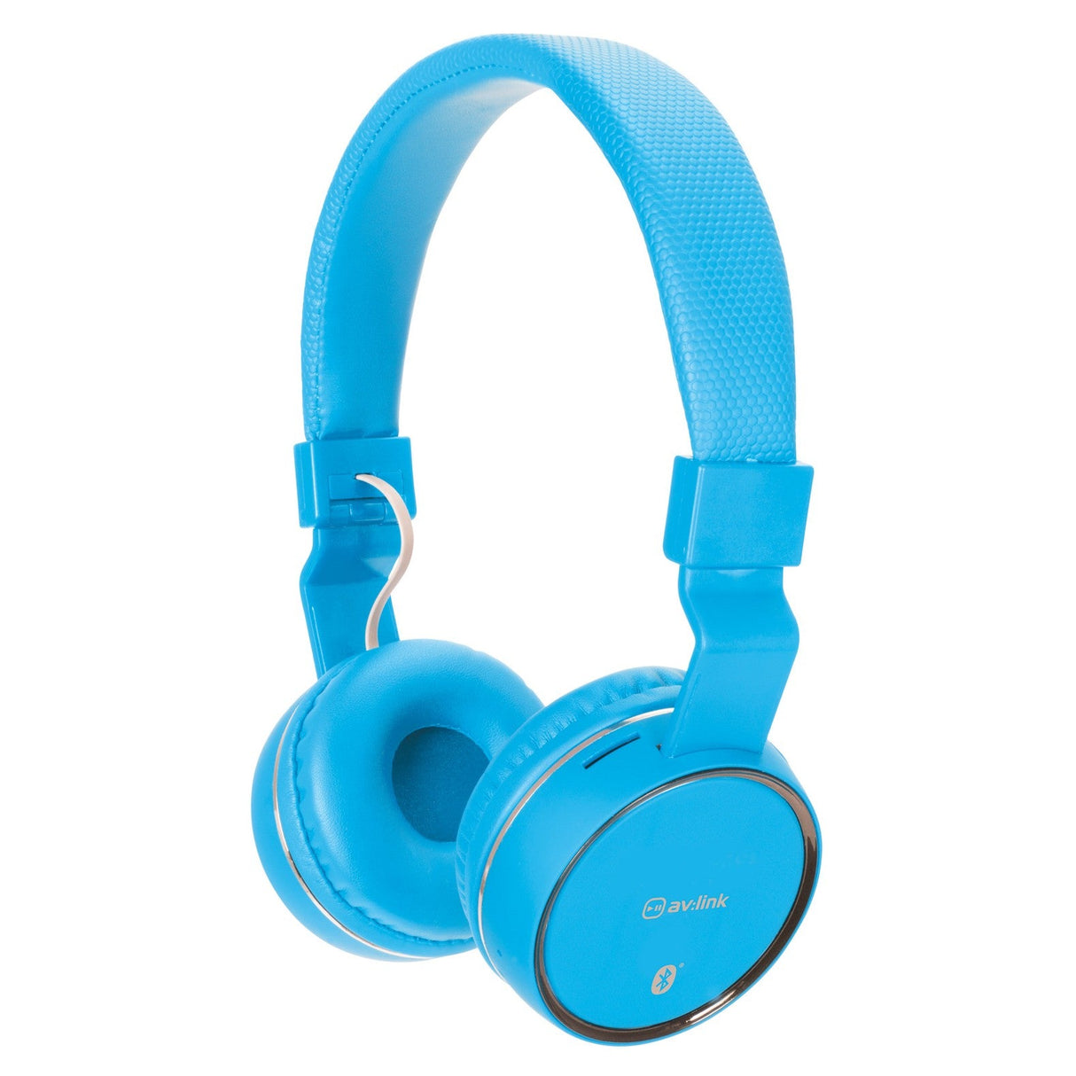 Introducing the AV:Link Wireless Bluetooth Headphones in blue, these over-ear headphones boast thick cushioned ear pads and an adjustable headband. With advanced noise-canceling technology, they ensure seamless Bluetooth connectivity. The brand logo is prominently displayed on the ear cups.