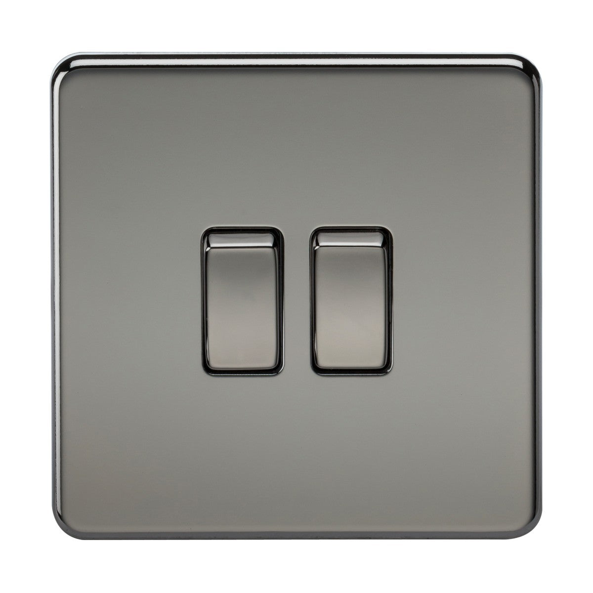 This 10AX 2 Gang 2-Way Switch features a sleek, metallic black nickel finish with a glossy, screwless design and centered switches on a slightly curved square plate. Ideal for neutral backgrounds.