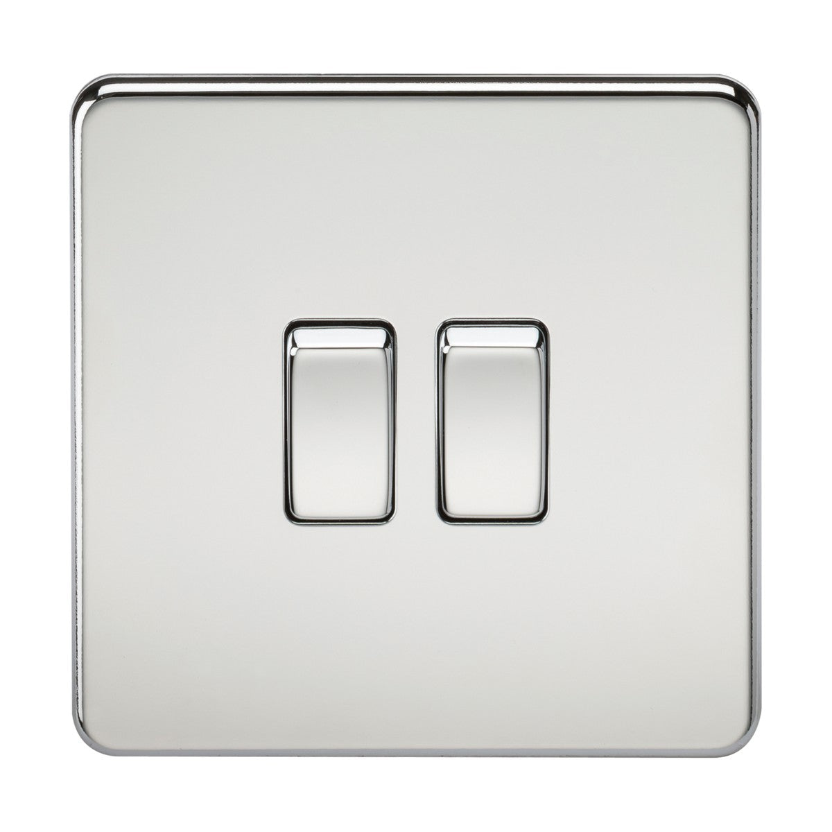 The 10AX 2 Gang 2-Way Switch in polished chrome showcases a screwless, low-profile design with two centered toggles elegantly encased within a sleek metallic frame.