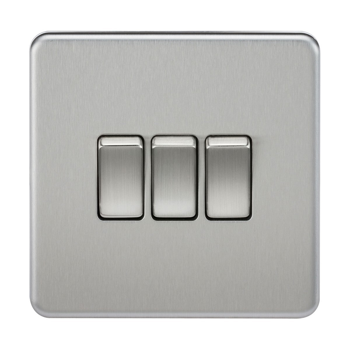 Introducing the 10AX 3 Gang 2-Way Switch in Brushed Chrome, featuring a screwless design with a low profile. This sleek and modern panel showcases three rectangular switches positioned horizontally, adding a touch of contemporary elegance to any space.