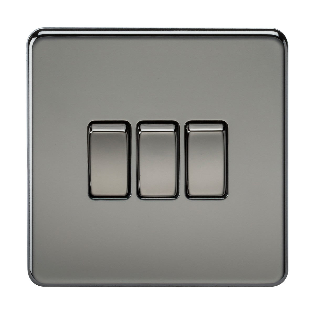 The 10AX 3 Gang 2-Way Switch in Black Nickel features a sleek metal square panel with a screwless design and three evenly spaced rocker switches, blending modern aesthetics with functionality to complement any contemporary space.