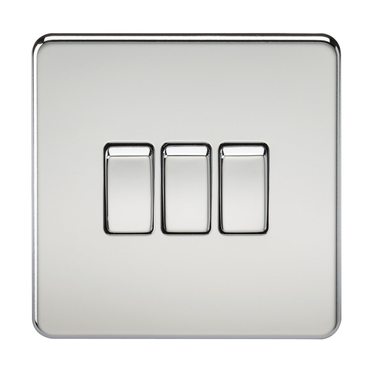 Introducing the 10AX 3 Gang 2-Way Switch in Polished Chrome, featuring a sleek, screwless low profile design. Each switch is mounted on a flat white surface and centered within its square plate, all set in the off position. The glossy finish adds an elegant touch to any space.