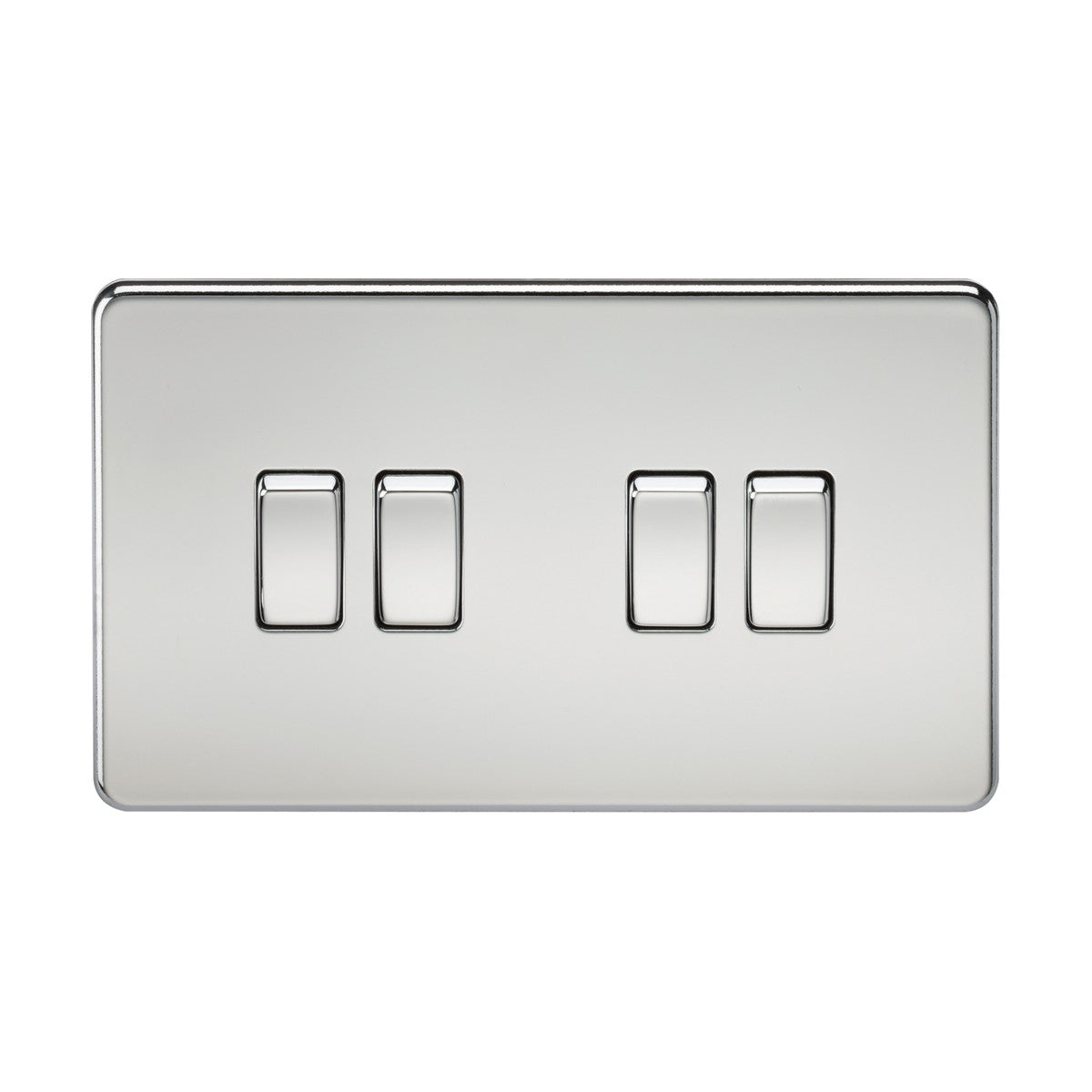 A polished chrome light switch panel featuring four horizontal 10AX 2-way switches, with a sleek, modern screwless design and low profile appearance.