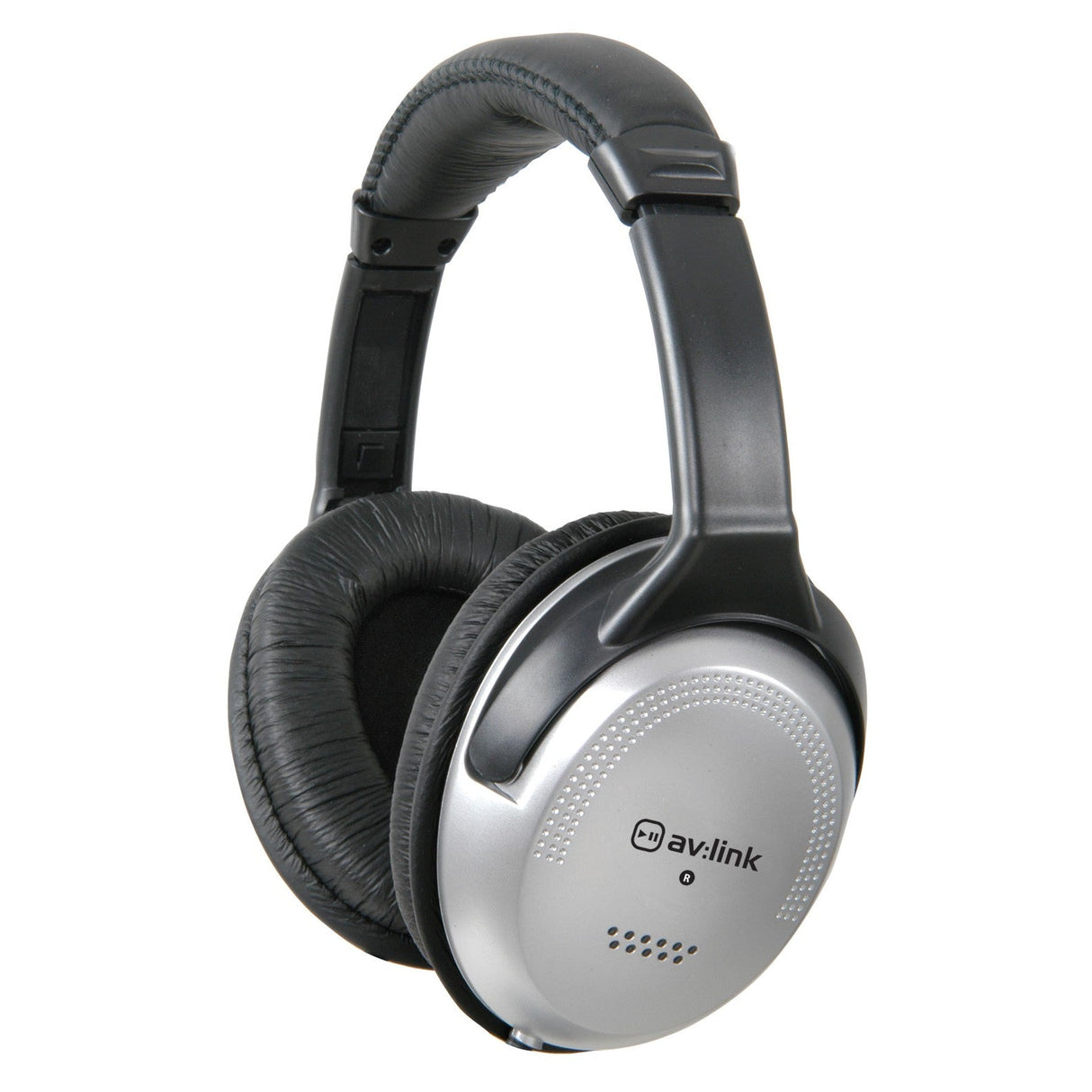 The AV:Link SH40VC Stereo Headphones in silver offer comfortable listening with their padded headband. These over-ear headphones feature av:link-branded, padded ear cups with a sleek, small circular design and ventilation holes, making them ideal for audio enthusiasts looking for both style and functionality.