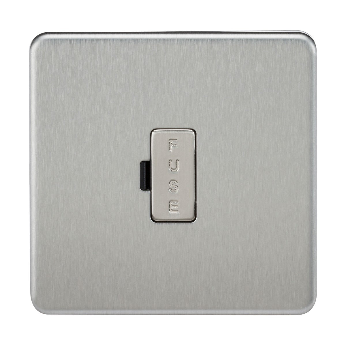 The 13A Fused Spur Unit - Brushed Chrome (Screwless) features a square metallic design with a central toggle labeled FUSE in uppercase letters. It showcases a sleek, brushed chrome finish and a screwless low profile, providing a contemporary and modern look.
