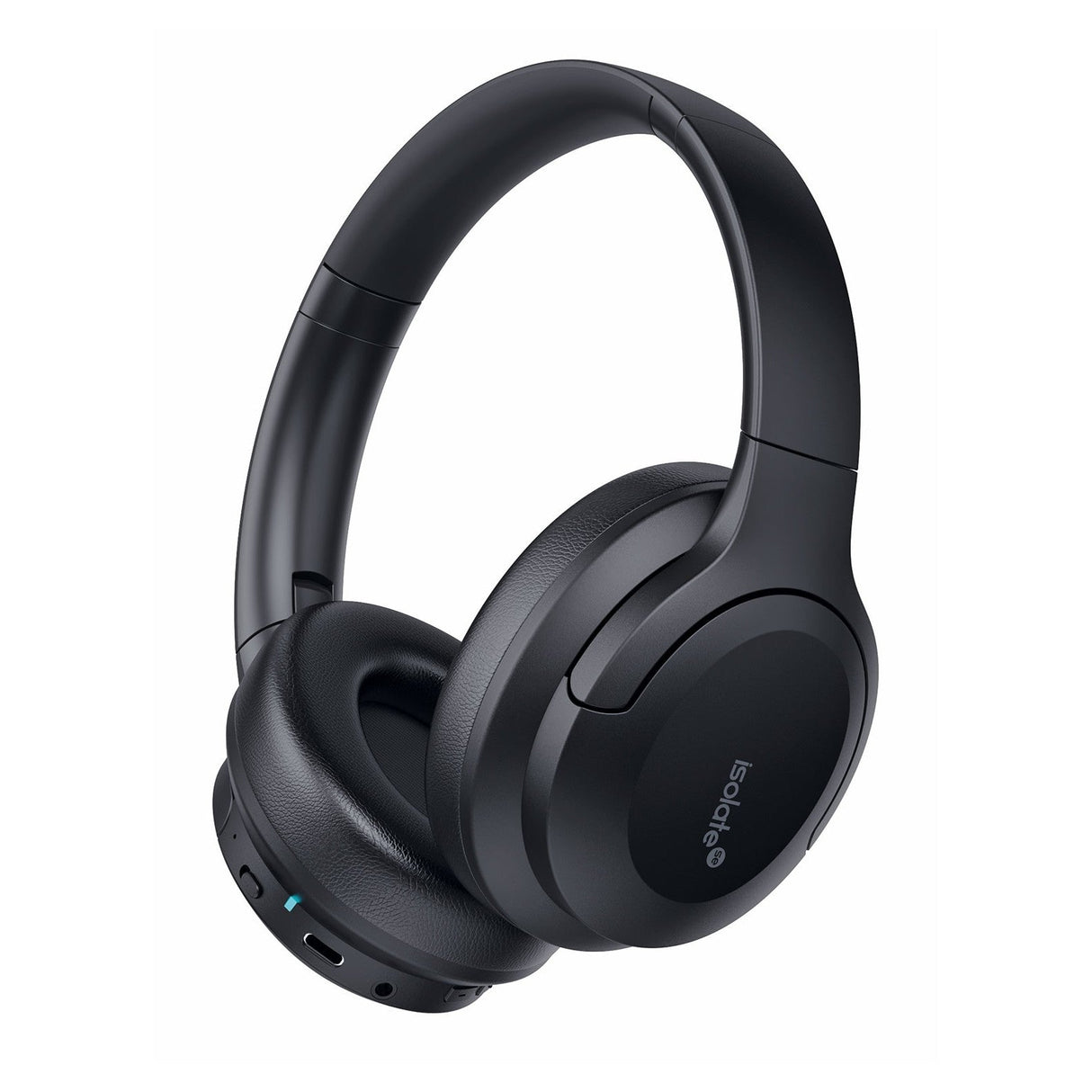 The AV:Link Active Noise Cancelling Bluetooth Headphones in black feature a sleek design with over-ear coverage. The logo is prominently displayed on the ear cups, while buttons and a charging port are located on the edge of one cup. Ideal for wireless noise-cancelling listening, these headphones are presented against a plain white background.